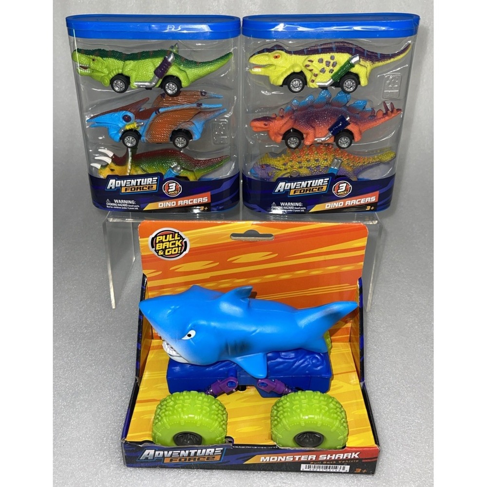 Adventure Force Pull‎ Back Monster Shark Truck & 6 Pack Dino Racers Vehicles NEW